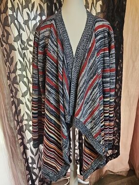Pink Rose Striped Open-Front Drape Cardigan in Red, Navy & Cream